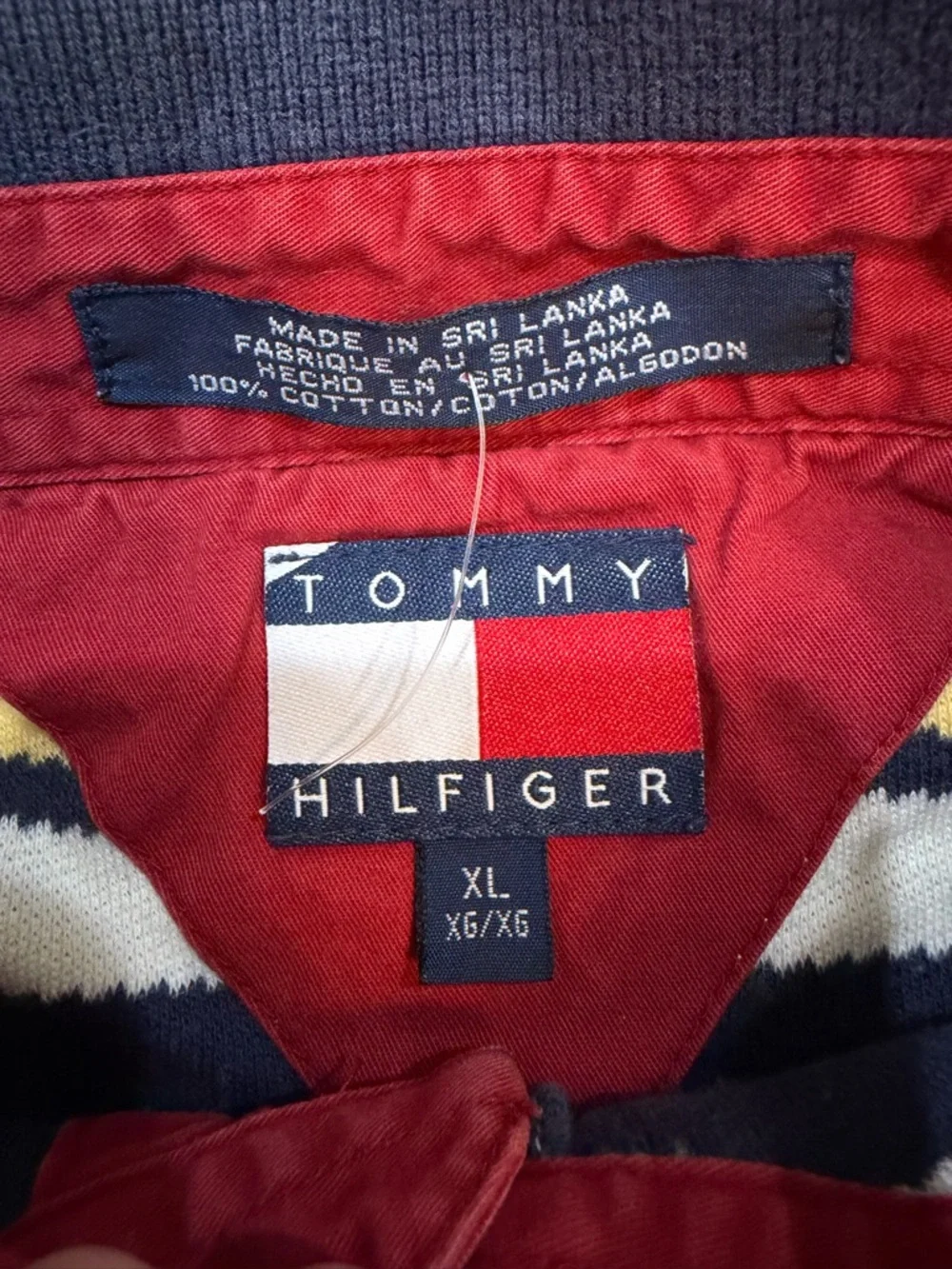 Vintage 90s Y2K Tommy Hilfiger Navy, Red, Yellow & White Striped Polo Crest Logo - Picture 2 of 4